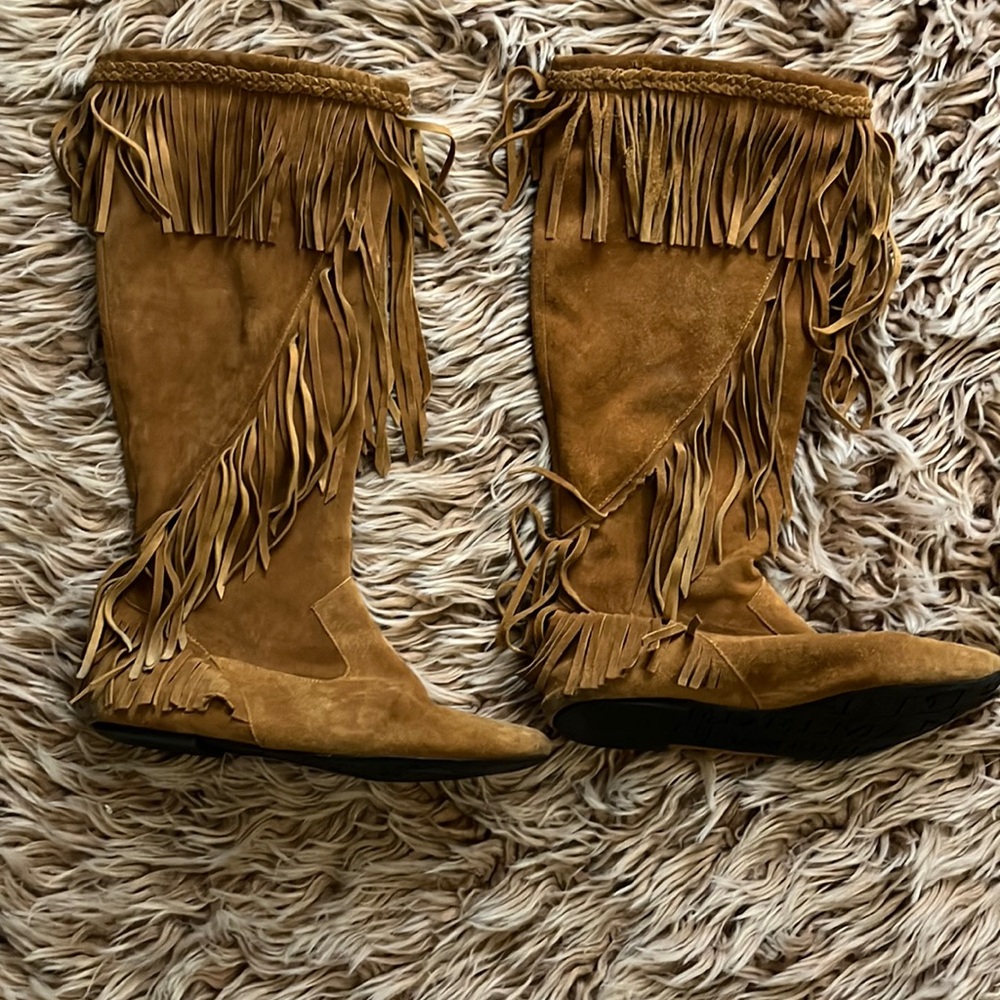 Sam Edelman brown leather moccasin fringe boots